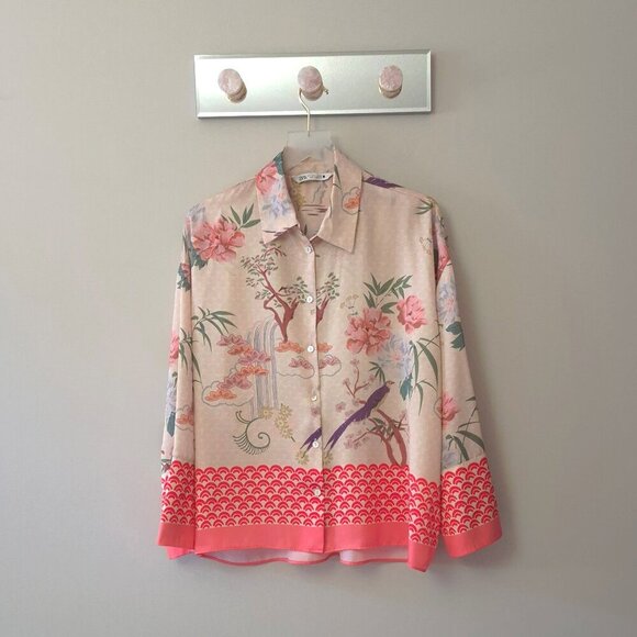 NWOT Zara champagne and coral floral, nature printed PJ inspired blouse, L - Picture 10 of 13